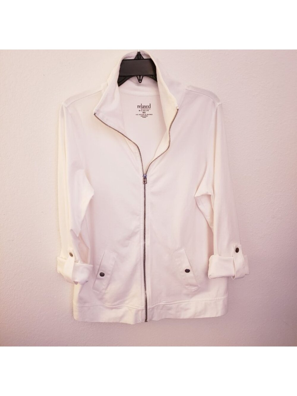 Charter Club Relaxed Woman Zip Front Cotton Jacket w/Roll Tab Sleeves Size OX